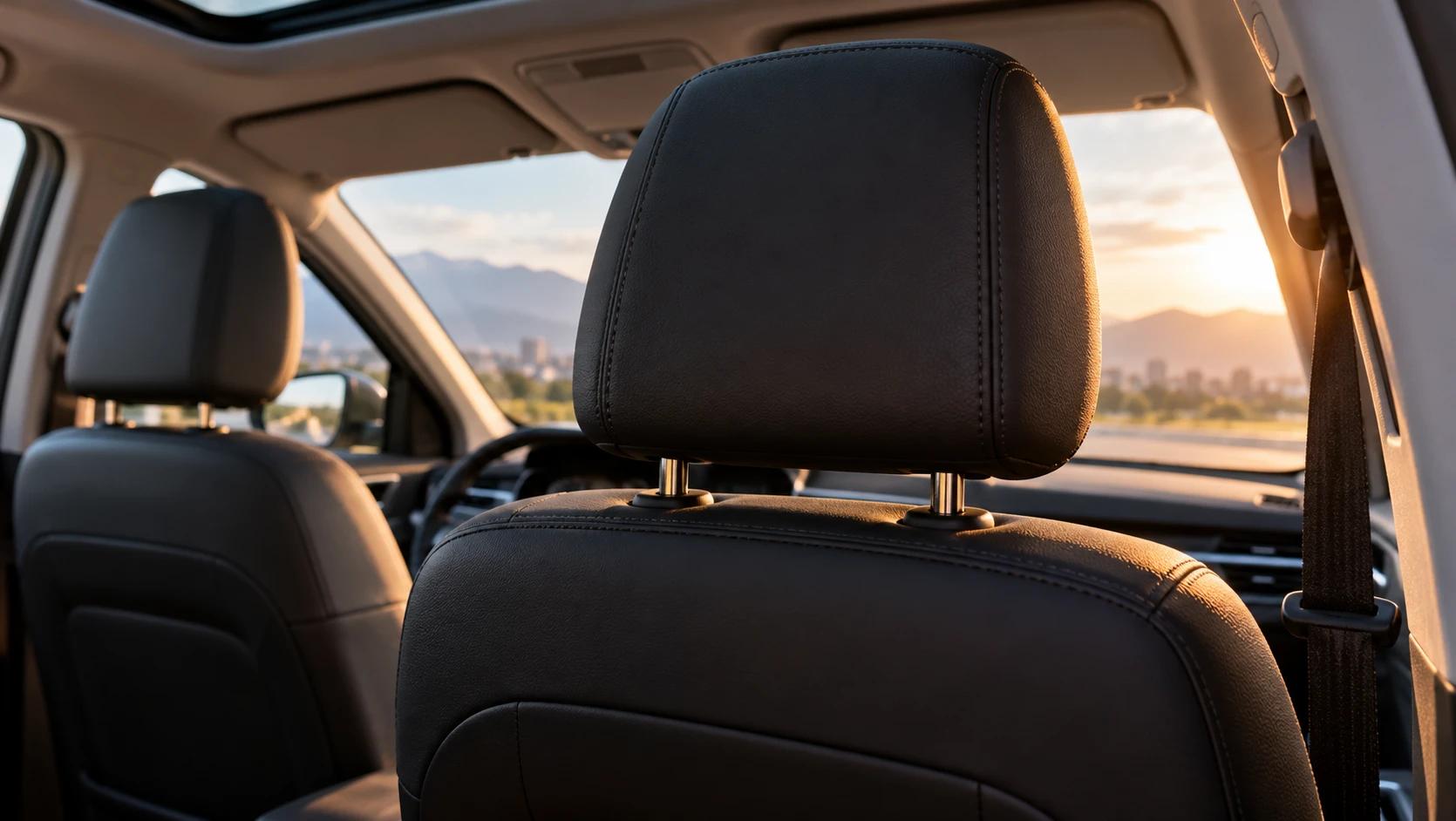 Apoyacabezas de cuero negro de un asiento delantero con la luz del atardecer entrando por el parabrisas